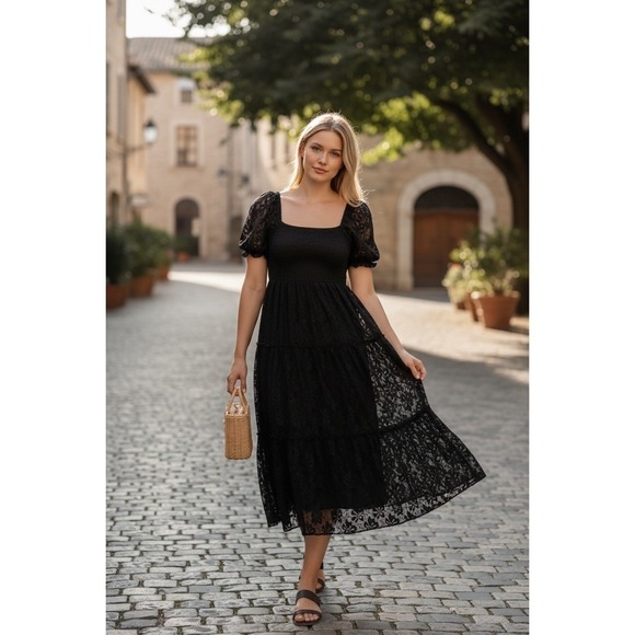 J Gee Dresses & Skirts - J Gee Black Lace Smocked Midi Dress Square Neck Puff Sleeve Tiered LBD XL